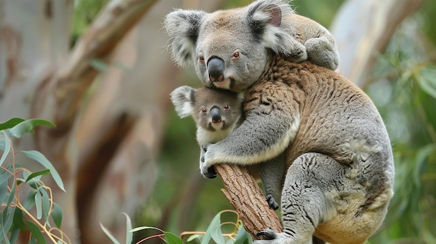 Mother koala with baby on her back