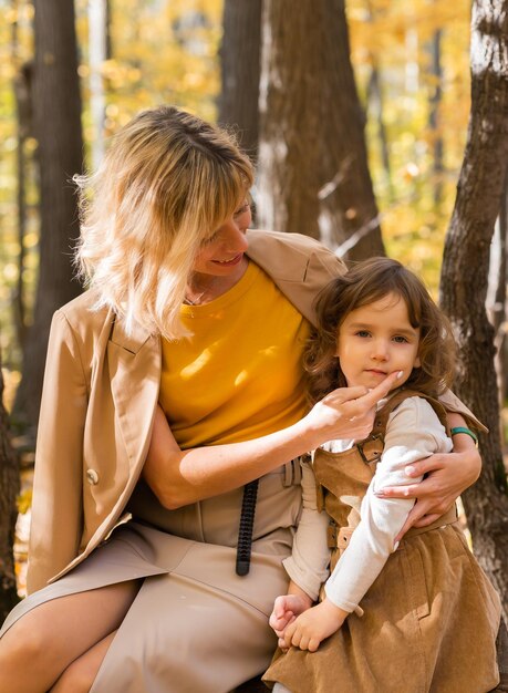 Mother and little daughter enjoying nice autumn day in a park Season family and children concept