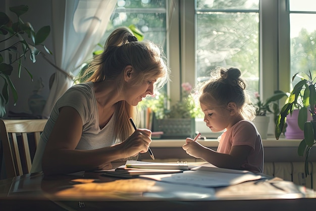 Mother looking at her daughter drawing