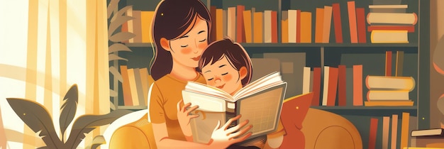 A mother lovingly reads a book to her young child in a cozy living room fostering a love of reading and learning Generative AI