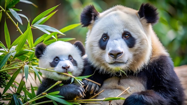 Mother Panda Yuan Yuan and her baby Panda Yuan Meng are Snuggling and eating bamboo in the morning