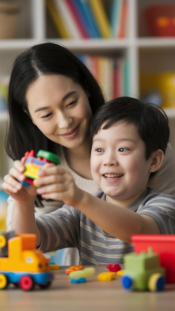 Mother playing with her autistic son using toys