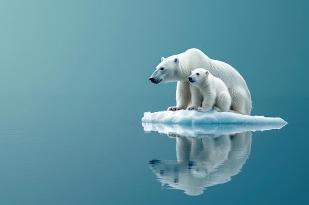 Photo mother polar bear and cub on iceberg generative ai