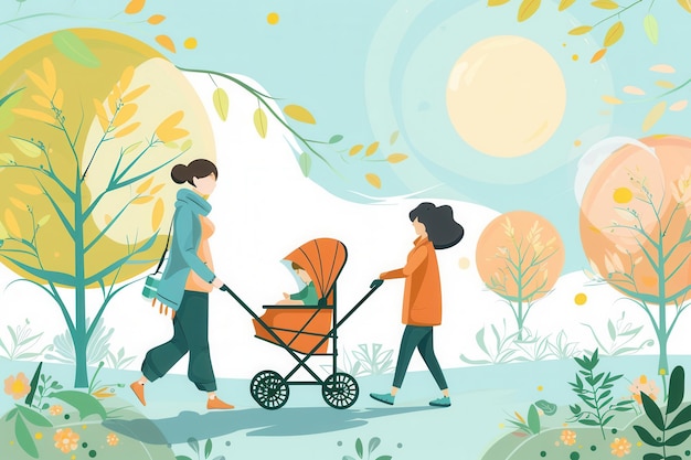 A mother pushes a stroller with a child inside enjoying a leisurely walk through a park on a sunny autumn day Generative AI