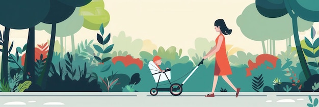 A mother pushes a stroller with her child along a path through a lush green park The sun shines brightly as they enjoy a leisurely walk together Generative AI