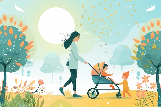 A mother pushes a stroller with her child through a vibrant autumn park Generative AI