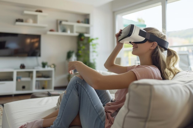 mother raising child virtual reality in the White Modern Living room mockup screen