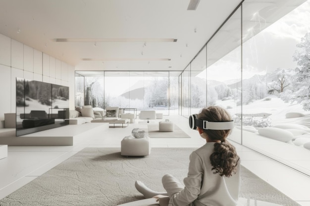 mother raising child virtual reality in the White Modern Living room mockup screen