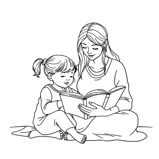 Photo mother reading a book to her child daughter in a continuous line art style