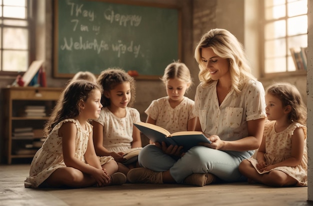 a mother reading a book to her children