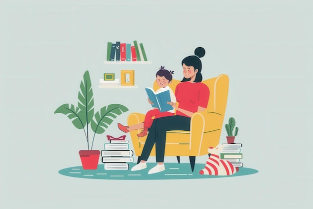 A mother reads a book to her child in a cozy living room setting showcasing the joy and importance of reading for young children Generative AI