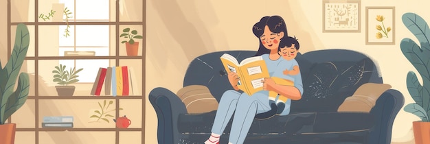 A mother reads a book to her child while sitting on a comfy couch The room is decorated with plants and books creating a warm and inviting atmosphere Generative AI