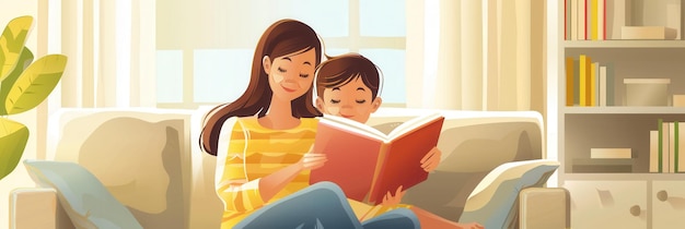 A mother reads a book to her young child on a comfortable couch in a warm and inviting living room Generative AI