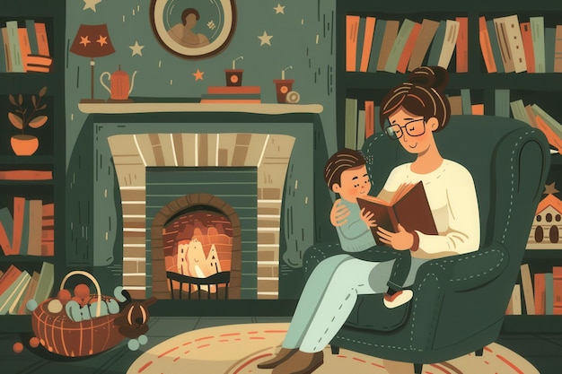 Photo a mother reads a book to her young child nestled in a cozy armchair by a warm fireplace generative ai