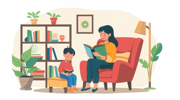 A mother reads a book to her young child in a warm and inviting living room Generative AI