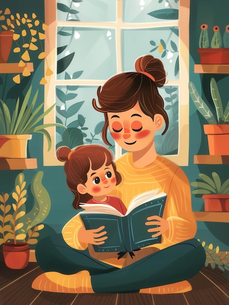 A mother reads a book to her young daughter in a warm and inviting home setting Generative AI