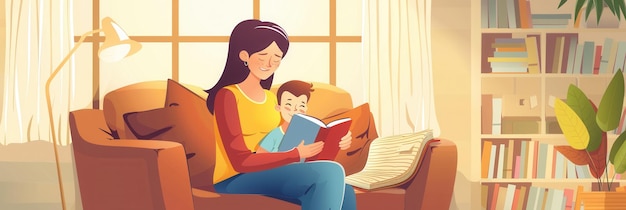 A mother reads a book to her young son in a comfortable living room setting The scene is warm and inviting ideal for educational materials Generative AI