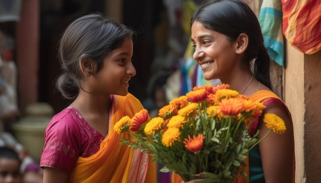 Mother receiving a bouquet of flowers from her child with a bright smile Mother's Day