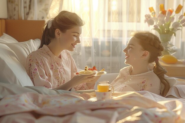 Mother receiving a surprise breakfast in bed octan