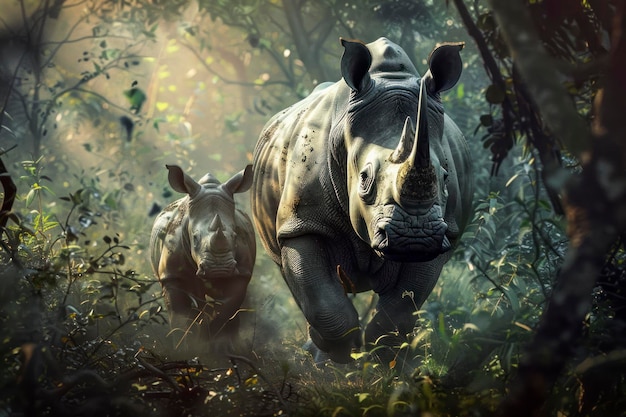 A mother rhino leads her calf through the dense thicket