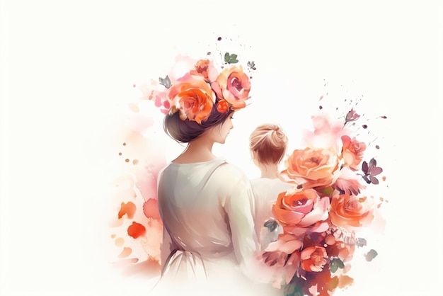 Mother's day greeting card with family and flowers Vector illustration generative ai