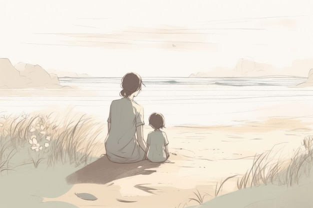 Mother's Day illustration with minimalist style mother and child enjoying peaceful day at the beach