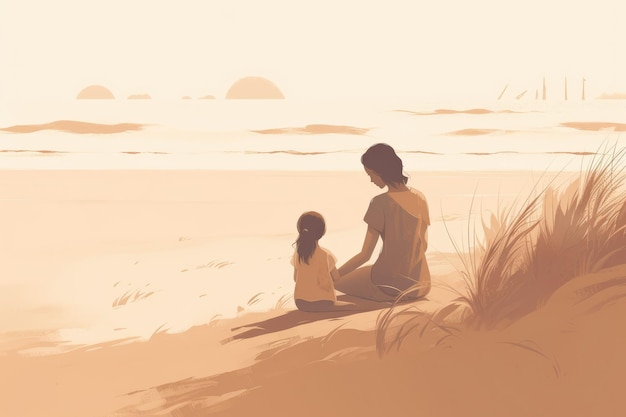 Mother's Day illustration with minimalist style mother and child enjoying peaceful day at the beach