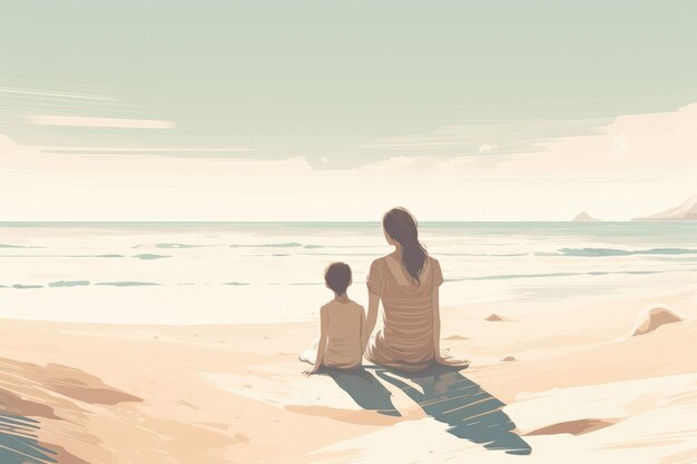 Mother's Day illustration with minimalist style mother and child enjoying peaceful day at the beach