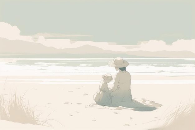 Mother's Day illustration with minimalist style mother and child enjoying peaceful day at the beach