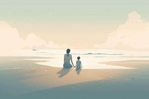 Mother's Day illustration with minimalist style mother and child enjoying peaceful day at the beach