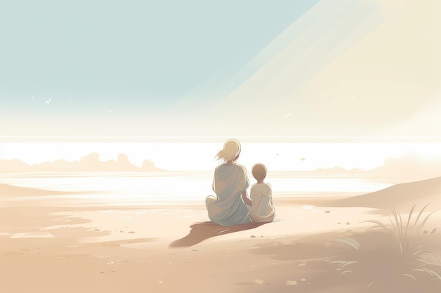 Mother's Day illustration with minimalist style mother and child enjoying peaceful day at the beach