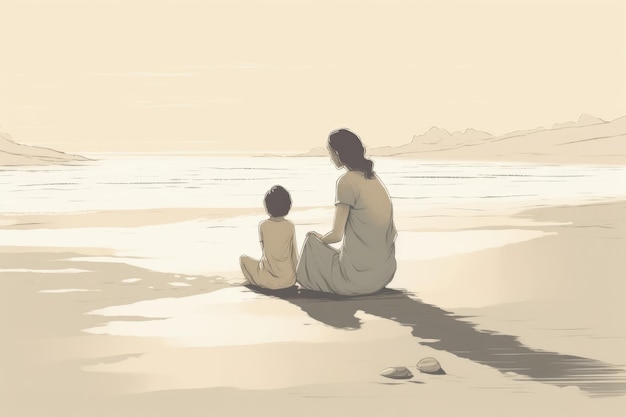 Mother's Day illustration with minimalist style mother and child enjoying peaceful day at the beach