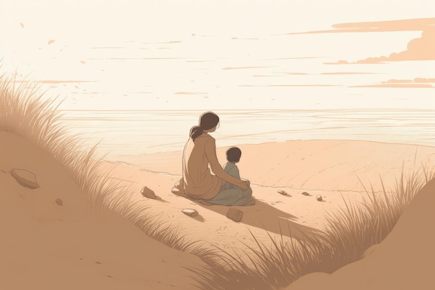 Mother's Day illustration with minimalist style mother and child enjoying peaceful day at the beach