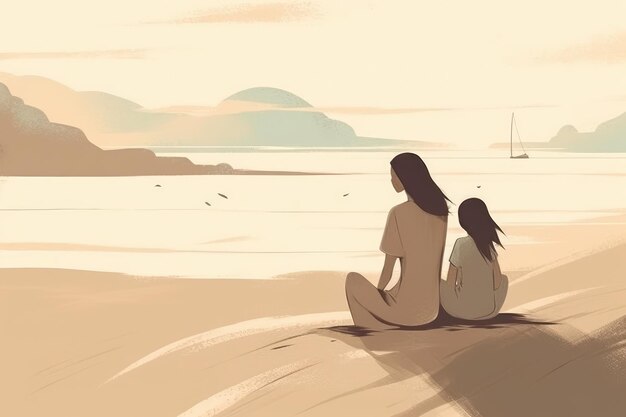 Mother's Day illustration with minimalist style mother and child enjoying peaceful day at the beach