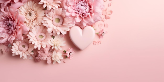 Mother's Day Mom's Day or Women's Day or Valentines day flowers composition with heart copy space on pastel background 3d style Generative Ai