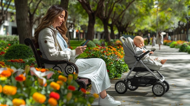 Photo a mother sits on a park bench using her smartphone while her baby rests in a stroller nearby ideal f