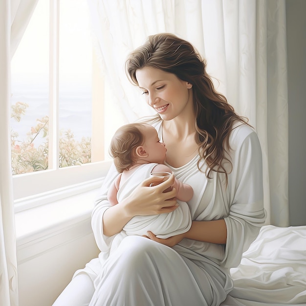 mother sitting on bed is breastfeeding her baby holding and looking infant