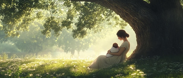 Mother Sitting on a Grassy Field with Her Newborn