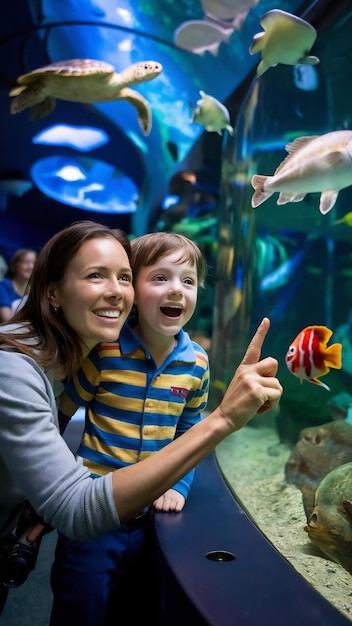 Photo mother and son at the aquarium