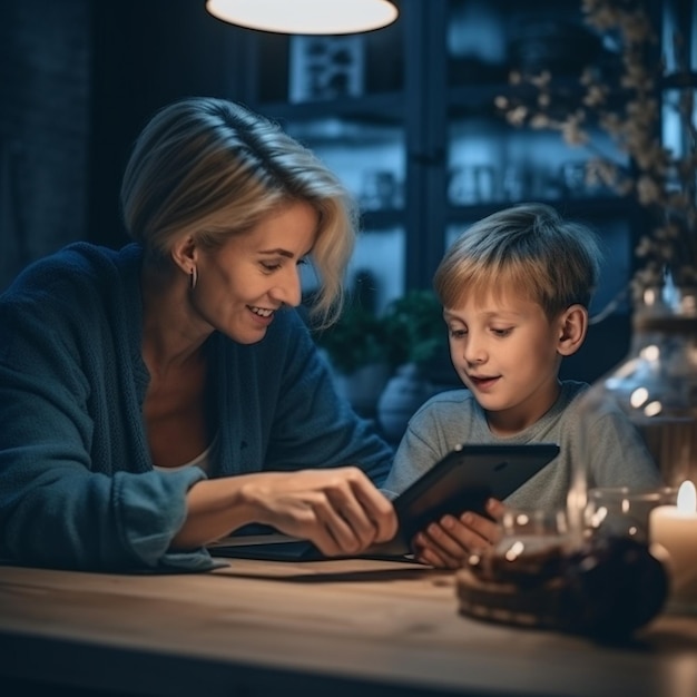 a mother and son are looking at a tablet with candles