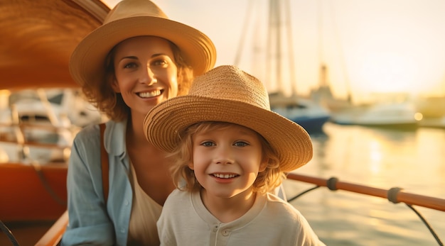 A mother and son on a boat in the harbor