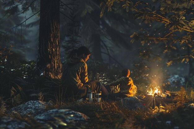 Mother and son camping in the woods