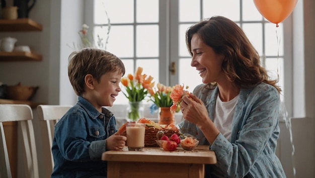 Mother and son eat a healthy meal together