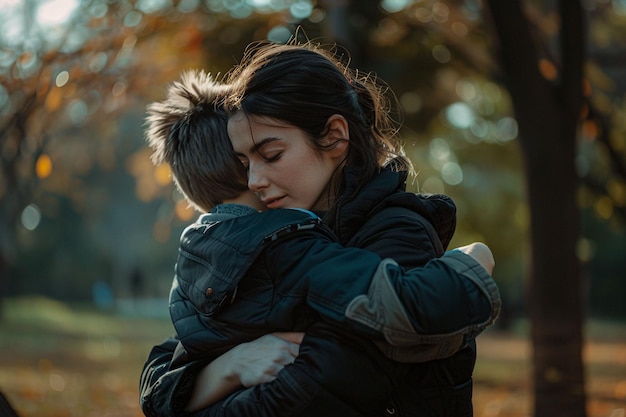 Photo mother and son embracing in autumn