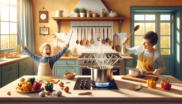 Mother and son enjoy cooking in a sunny kitchen stirring a pot and chopping veggies with bread nea