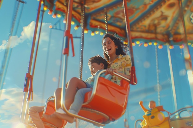 Mother and son enjoying a day at the carnival toge