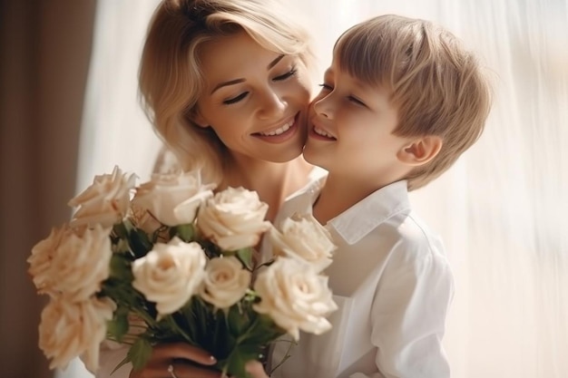 a mother and son hold flowers in their hands