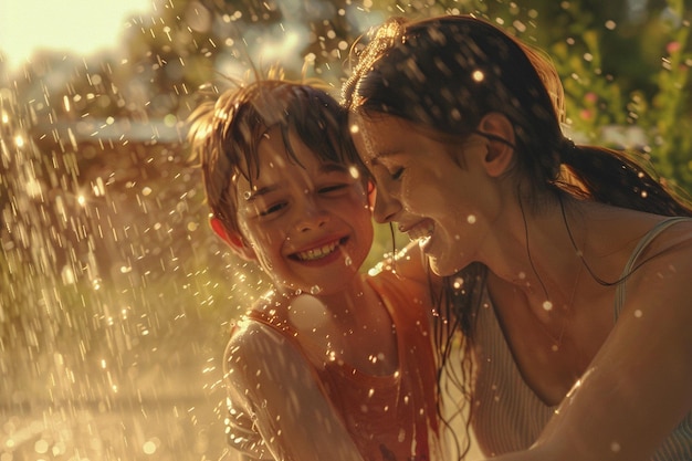 Mother and son laughing while playing in the sprin