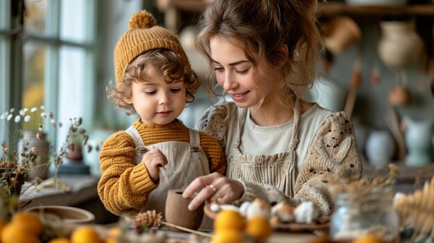 mother and son making a birdhouse for the garden