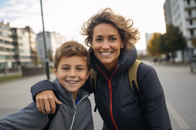 Mother and son at outdoors with a student backpack